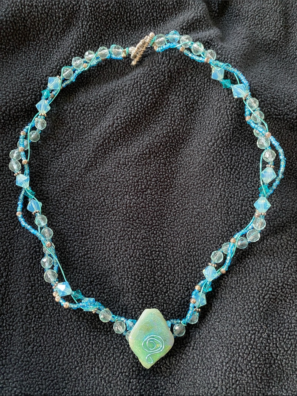 Aqua Crystal Beaded Necklace with Iridescent Pendant